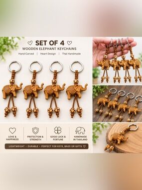 Set of 4 Wooden Elephant Keychains | Heart Design | Thai Handmade Gift